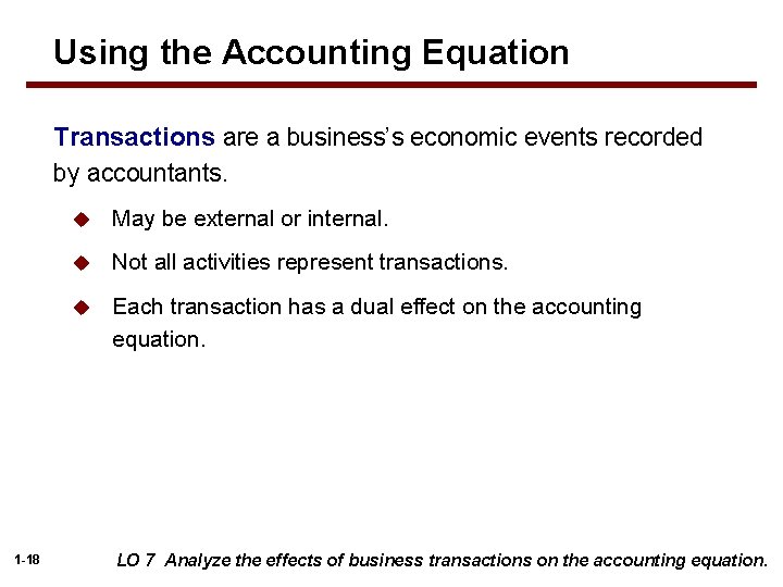 Using the Accounting Equation Transactions are a business’s economic events recorded by accountants. 1