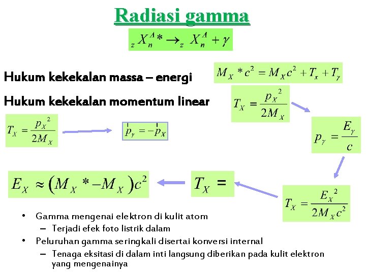 Radiasi gamma Hukum kekekalan massa – energi Hukum kekekalan momentum linear • Gamma mengenai