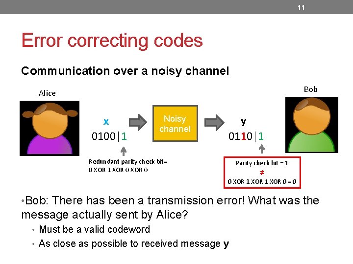 11 Error correcting codes Communication over a noisy channel Bob Alice x 0100|1 Noisy 11 Error correcting codes Communication over a noisy channel Bob Alice x 0100|1 Noisy