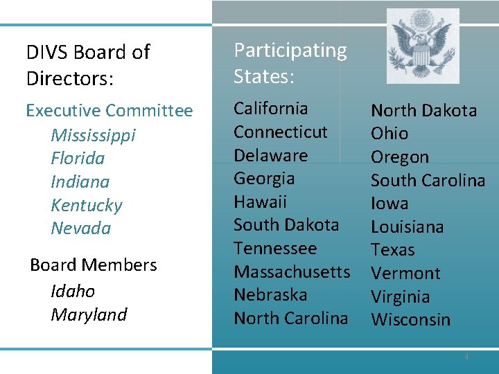 DIVS Board of Directors: Participating States: Executive Committee Mississippi Florida Indiana Kentucky Nevada California