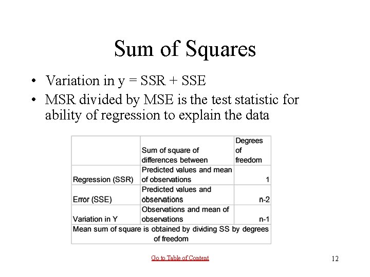Sum of Squares • Variation in y = SSR + SSE • MSR divided Sum of Squares • Variation in y = SSR + SSE • MSR divided