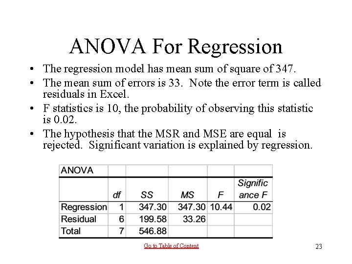 ANOVA For Regression • The regression model has mean sum of square of 347. ANOVA For Regression • The regression model has mean sum of square of 347.
