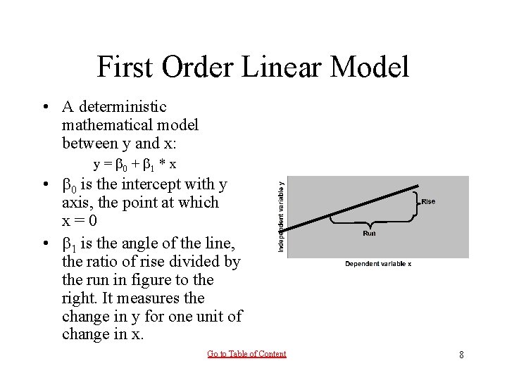 First Order Linear Model • A deterministic mathematical model between y and x: y First Order Linear Model • A deterministic mathematical model between y and x: y