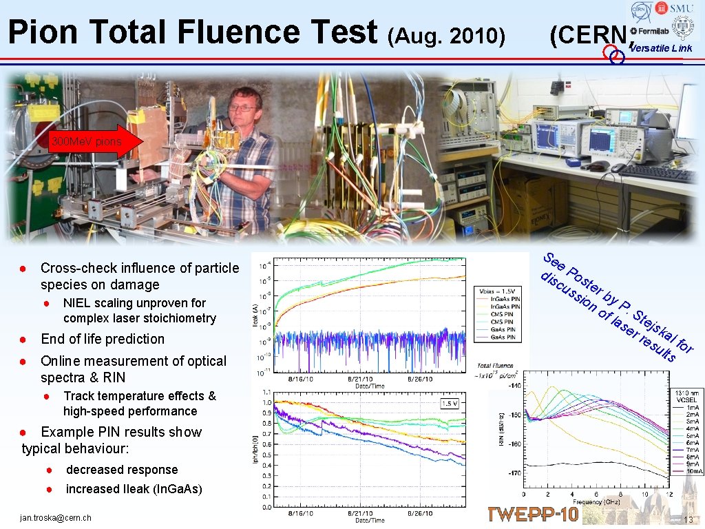 Pion Total Fluence Test (Aug. 2010) (CERN) Versatile Link 300 Me. V pions Se