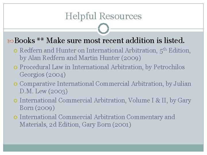 Helpful Resources Books ** Make sure most recent addition is listed. Redfern and Hunter