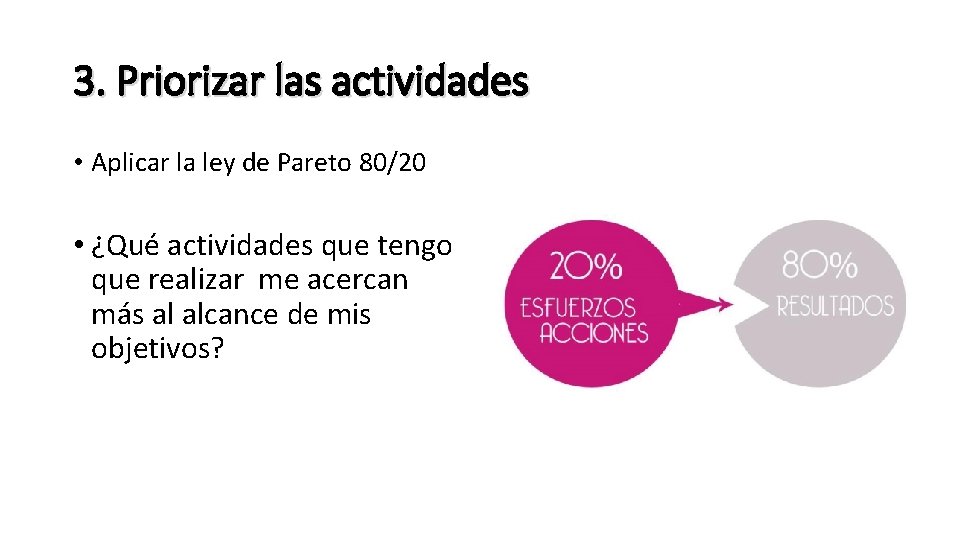 3. Priorizar las actividades • Aplicar la ley de Pareto 80/20 • ¿Qué actividades