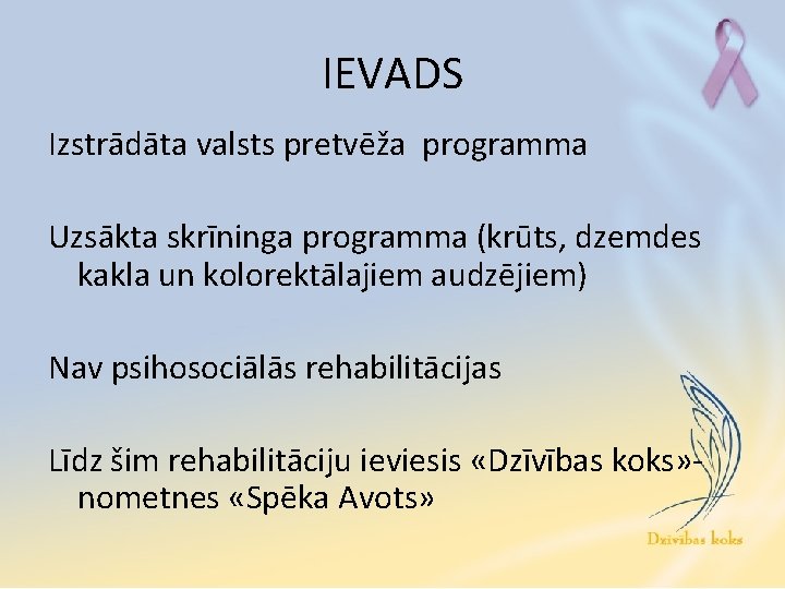 IEVADS Izstrādāta valsts pretvēža programma Uzsākta skrīninga programma (krūts, dzemdes kakla un kolorektālajiem audzējiem)