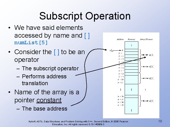 Subscript Operation • We have said elements accessed by name and [ ] num.