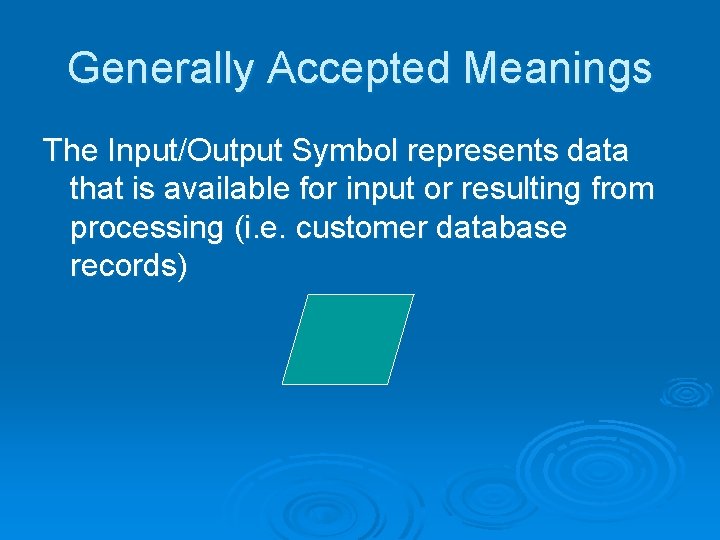 Generally Accepted Meanings The Input/Output Symbol represents data that is available for input or
