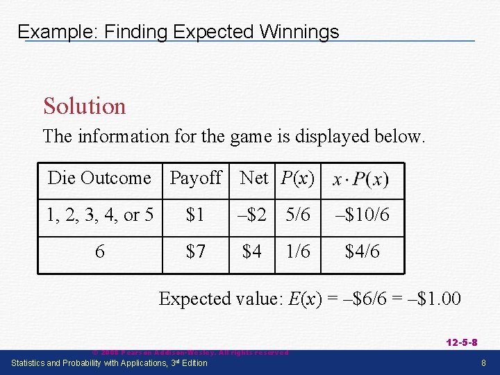 Example: Finding Expected Winnings Solution The information for the game is displayed below. Die