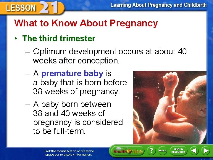What to Know About Pregnancy • The third trimester – Optimum development occurs at