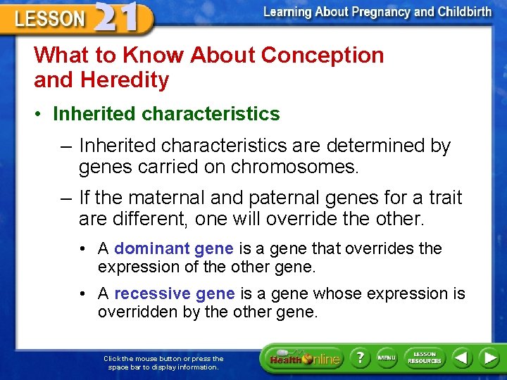 What to Know About Conception and Heredity • Inherited characteristics – Inherited characteristics are