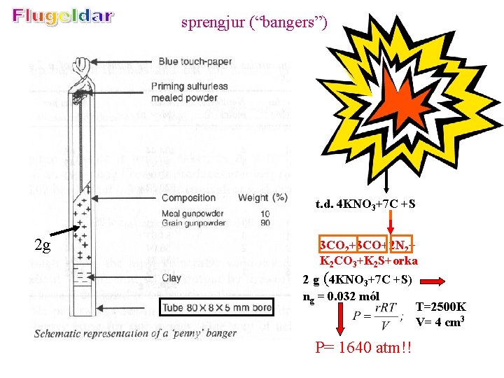 sprengjur (“bangers”) t. d. 4 KNO 3+7 C +S 2 g 3 CO 2+3