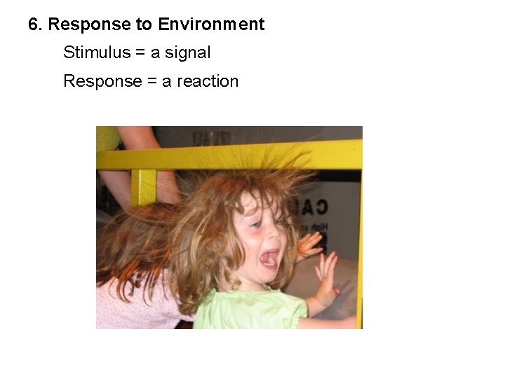 6. Response to Environment Stimulus = a signal Response = a reaction 