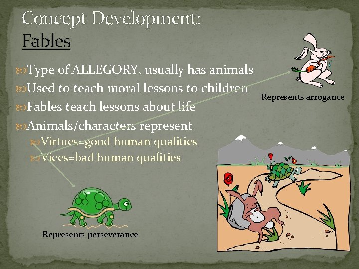 Concept Development: Fables Type of ALLEGORY, usually has animals Used to teach moral lessons