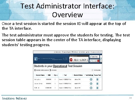 Test Administrator Interface: Overview Once a test session is started the session ID will