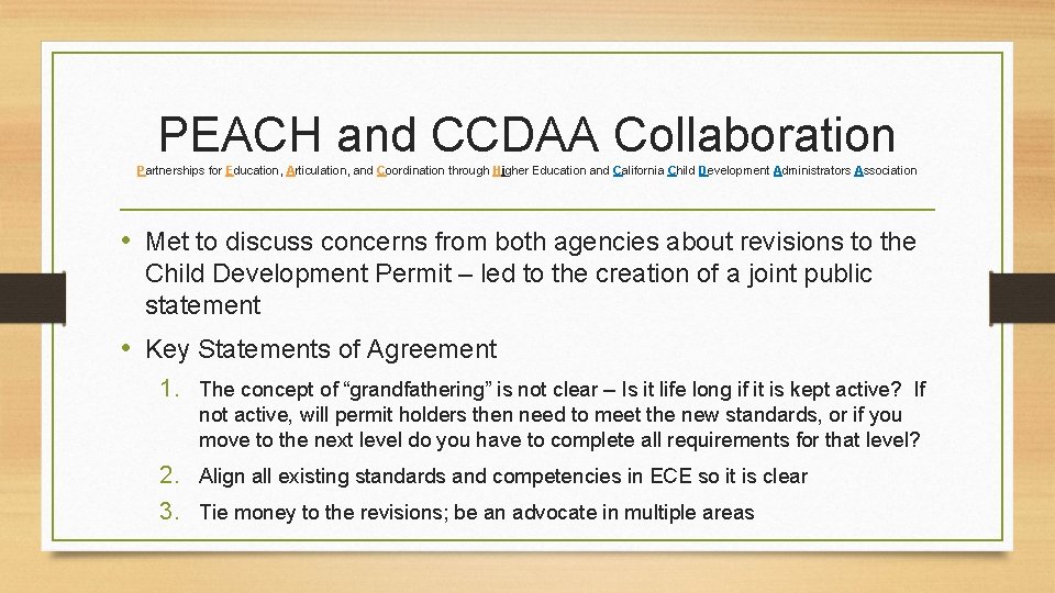 PEACH and CCDAA Collaboration Partnerships for Education, Articulation, and Coordination through Higher Education and