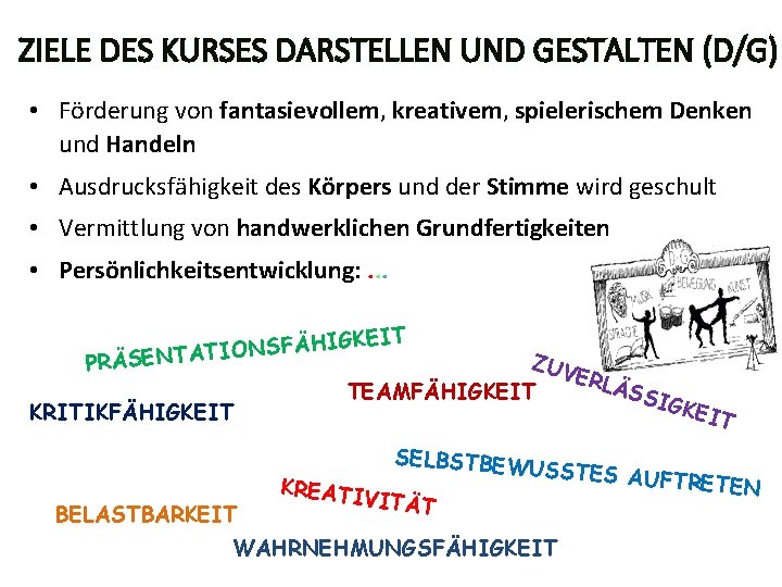 ZIELE DES KURSES DARSTELLEN UND GESTALTEN (D/G) • Förderung von fantasievollem, kreativem, spielerischem Denken