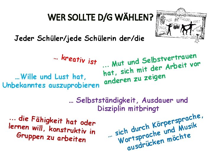 WER SOLLTE D/G WÄHLEN? Jeder Schüler/jede Schülerin der/die … kreat auen r t r