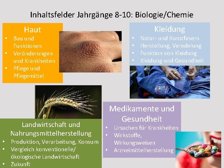 Inhaltsfelder Jahrgänge 8 -10: Biologie/Chemie Haut • Bau und Funktionen • Veränderungen und Krankheiten