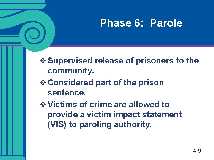 Phase 6: Parole v Supervised release of prisoners to the community. v Considered part Phase 6: Parole v Supervised release of prisoners to the community. v Considered part