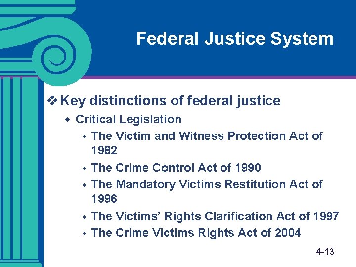 Federal Justice System v Key distinctions of federal justice w Critical Legislation w w Federal Justice System v Key distinctions of federal justice w Critical Legislation w w