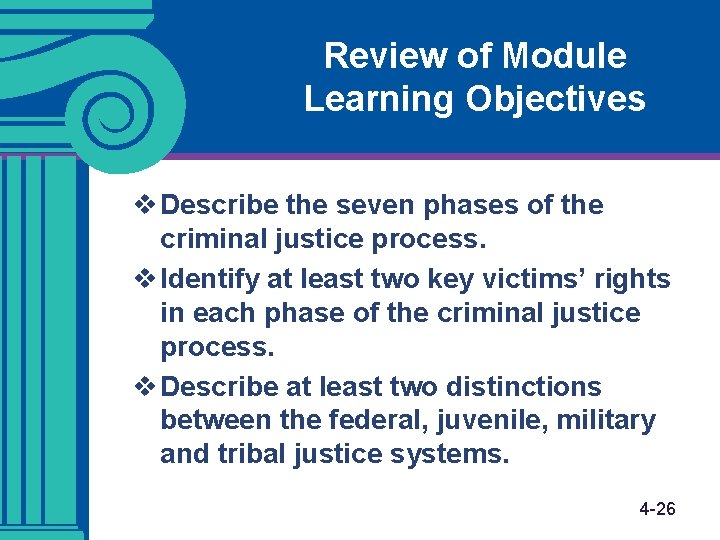 Review of Module Learning Objectives v Describe the seven phases of the criminal justice Review of Module Learning Objectives v Describe the seven phases of the criminal justice