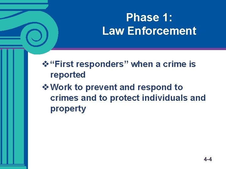 Phase 1: Law Enforcement v “First responders” when a crime is reported v Work Phase 1: Law Enforcement v “First responders” when a crime is reported v Work