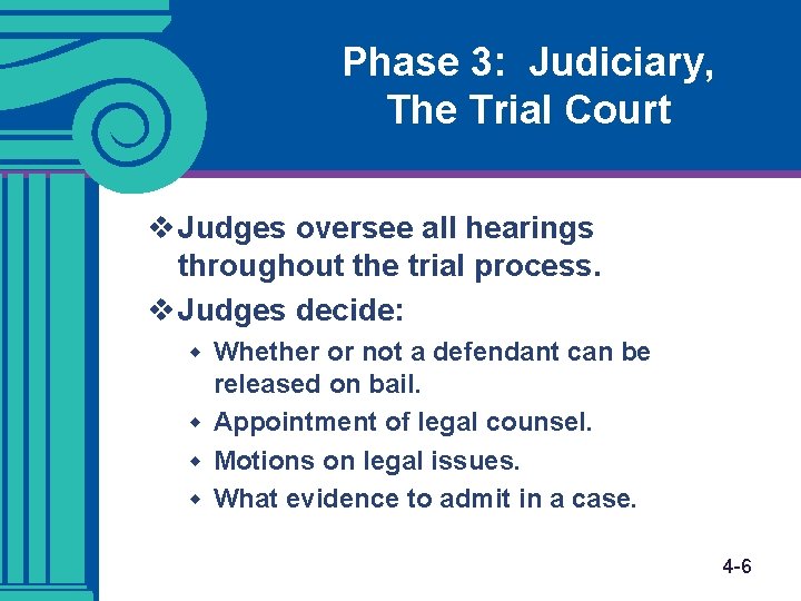 Phase 3: Judiciary, The Trial Court v Judges oversee all hearings throughout the trial Phase 3: Judiciary, The Trial Court v Judges oversee all hearings throughout the trial