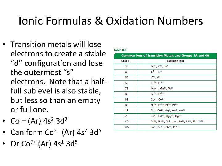 Ionic Formulas & Oxidation Numbers • Transition metals will lose electrons to create a