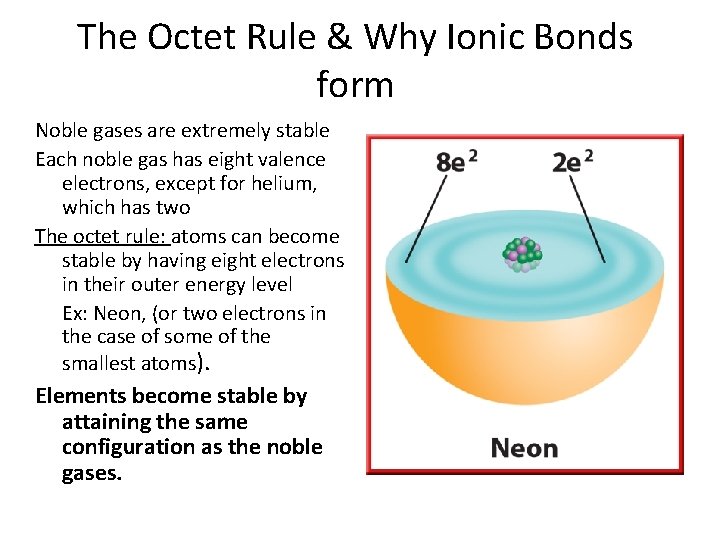 The Octet Rule & Why Ionic Bonds form Noble gases are extremely stable Each