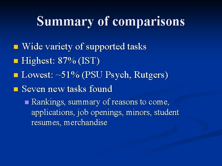 Summary of comparisons Wide variety of supported tasks n Highest: 87% (IST) n Lowest: