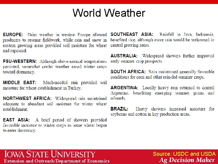 World Weather Source: USDC and USDA Extension and Outreach/Department of Economics 