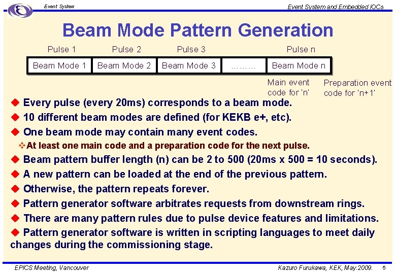 Event System and Embedded IOCs Event System Beam Mode Pattern Generation Pulse 1 Pulse