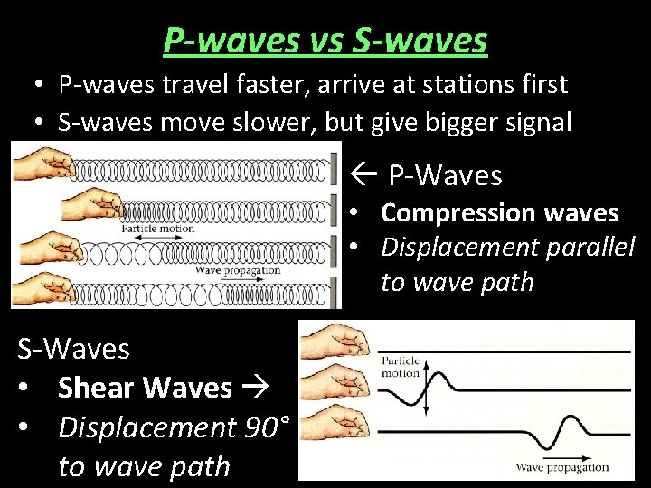 P-waves vs S-waves • P-waves travel faster, arrive at stations first • S-waves move