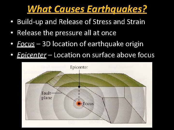 What Causes Earthquakes? • • Build-up and Release of Stress and Strain Release the