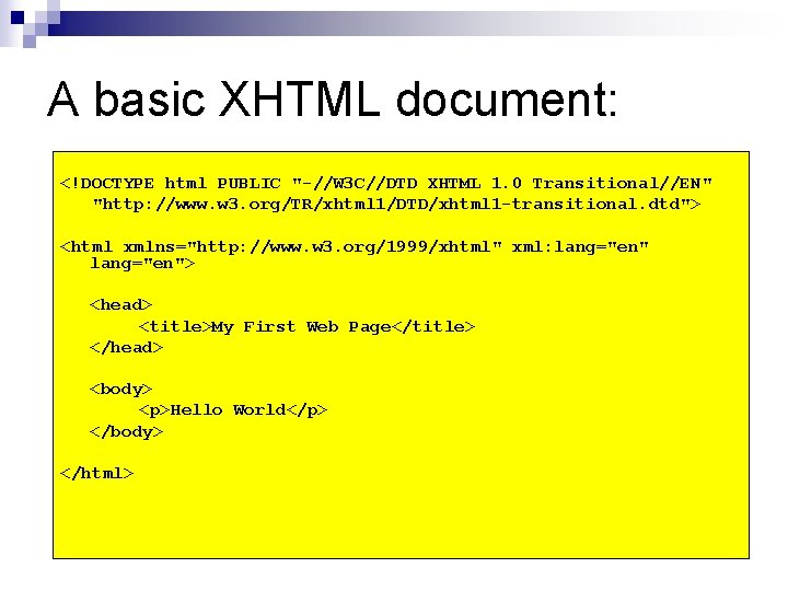 A basic XHTML document: <!DOCTYPE html PUBLIC "-//W 3 C//DTD XHTML 1. 0 Transitional//EN"