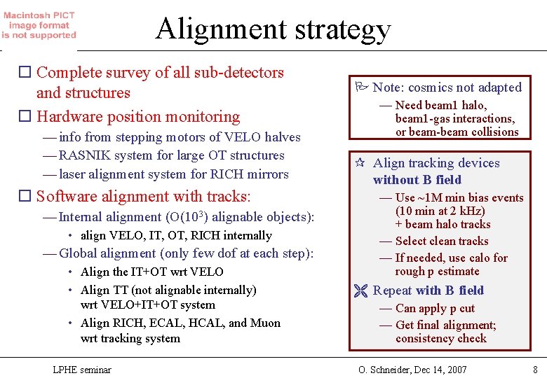 Alignment strategy o Complete survey of all sub-detectors and structures o Hardware position monitoring
