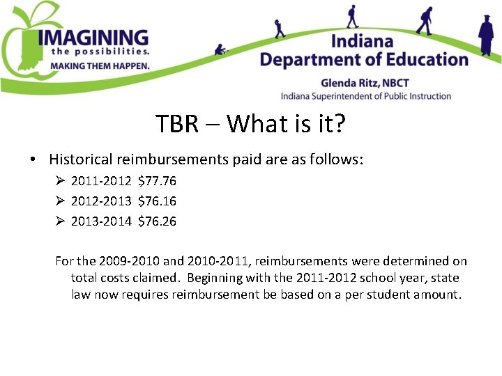 TBR – What is it? • Historical reimbursements paid are as follows: Ø 2011