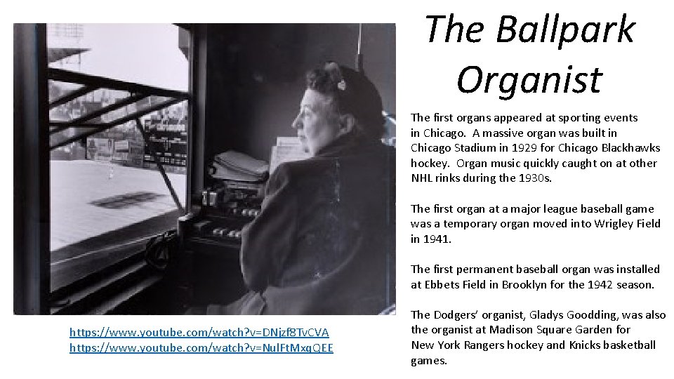 The Ballpark Organist The first organs appeared at sporting events in Chicago. A massive