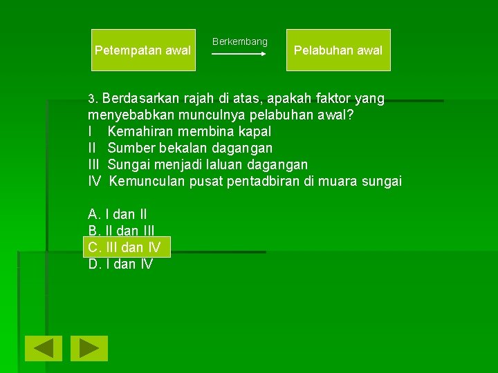 Petempatan awal Berkembang Pelabuhan awal 3. Berdasarkan rajah di atas, apakah faktor yang menyebabkan