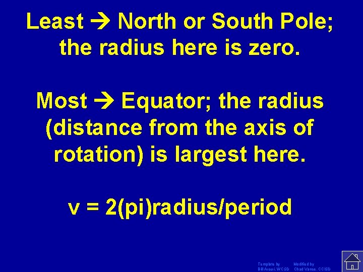 Least North or South Pole; the radius here is zero. Most Equator; the radius