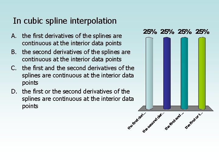 In cubic spline interpolation A. the first derivatives of the splines are continuous at