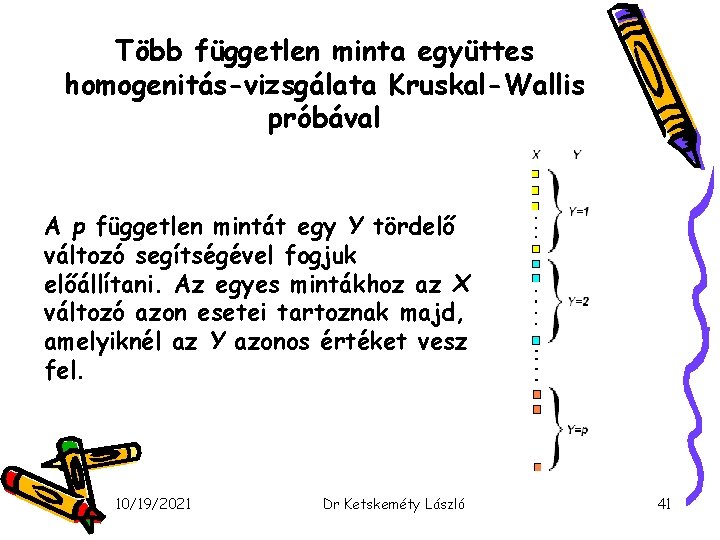 Több független minta együttes homogenitás-vizsgálata Kruskal-Wallis próbával A p független mintát egy Y tördelő