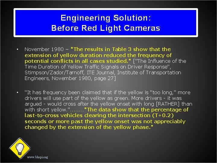 Engineering Solution: Before Red Light Cameras • November 1980 – "The results in Table