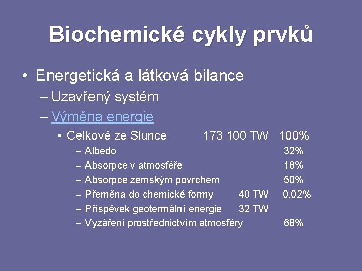 Biochemické cykly prvků • Energetická a látková bilance – Uzavřený systém – Výměna energie