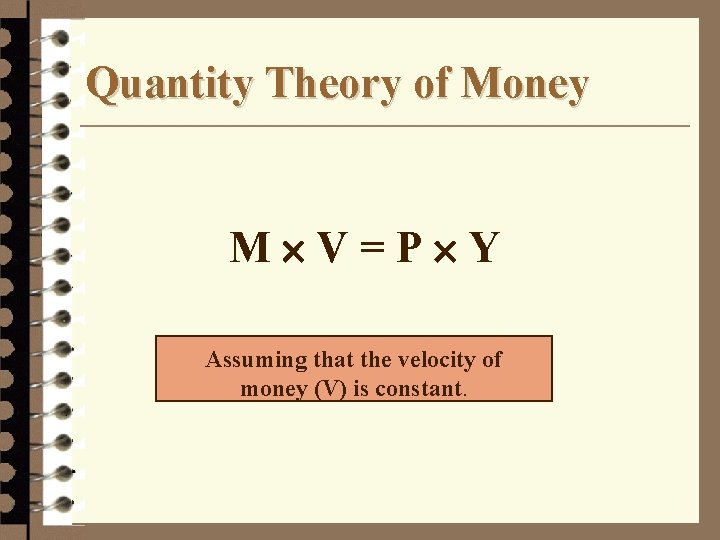 Quantity Theory of Money M´V=P´Y Assuming that the velocity of money (V) is constant.