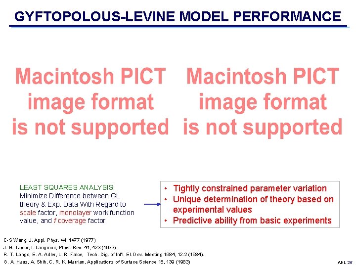 GYFTOPOLOUS-LEVINE MODEL PERFORMANCE LEAST SQUARES ANALYSIS: Minimize Difference between GL theory & Exp. Data