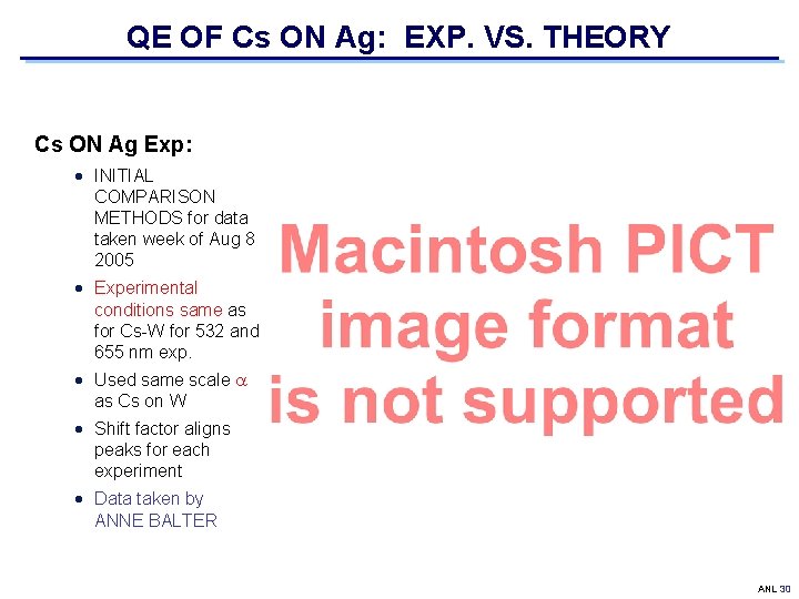 QE OF Cs ON Ag: EXP. VS. THEORY Cs ON Ag Exp: INITIAL COMPARISON