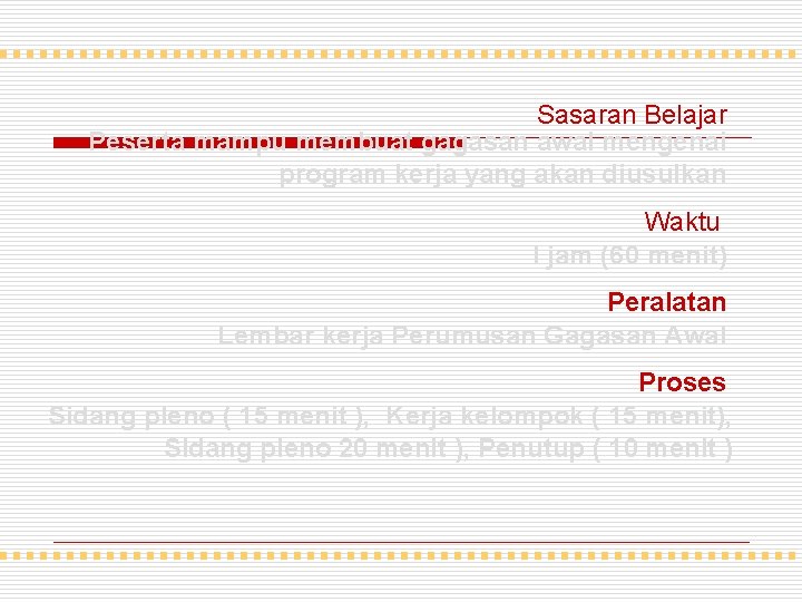 Sasaran Belajar Peserta mampu membuat gagasan awal mengenai program kerja yang akan diusulkan Waktu